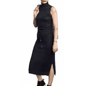 Garnet Hill Womens Turtleneck Midi Dress XL Sleeveless Tencel Blend Ribbed Black
